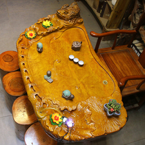 Root Carving Tea Table Gold Silk Nanmu Tea Table Tree Root Tea Sea Solid Wood Tea Table Wood Carved Tea Table and chairs Composition HF2267
