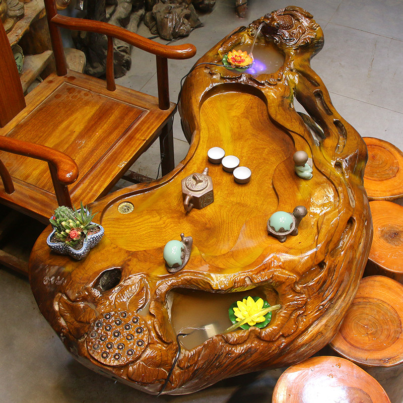 Root Carving Tea Table Gold Silk Nanmu Tea Table Tree Root Tea Sea Tree Head Tea Table Wooden Carved Tea Table and chairs Composition MH2264