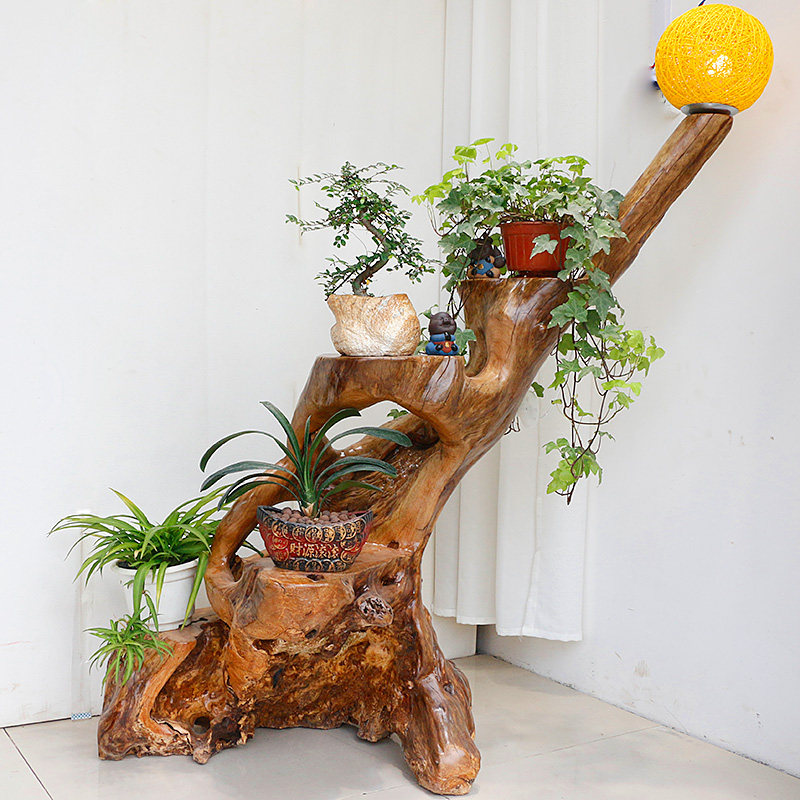 Root Carved Flower Shelf Wood Root Base Living Room Swing Piece Natural Solid Wood Tree Root Bonsai Rack Balcony Root Art Floor Lamp H010