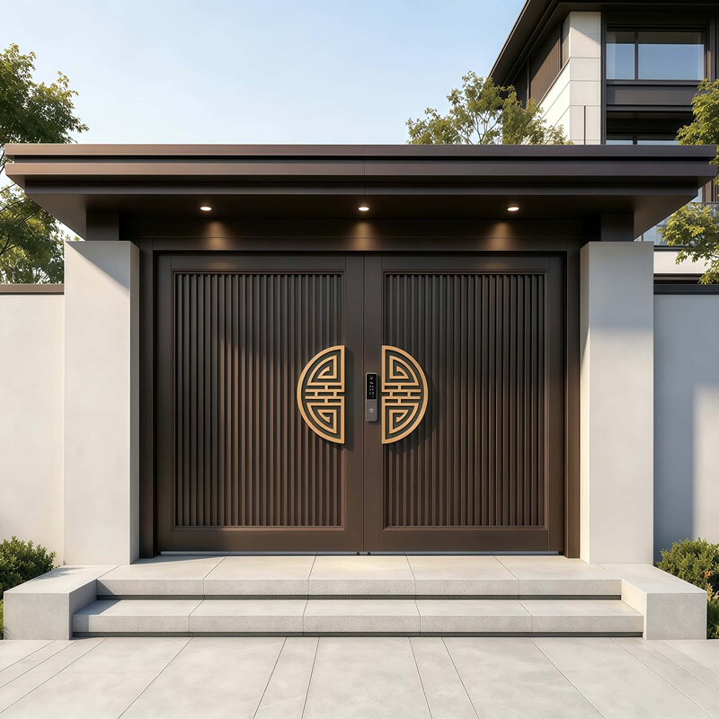 New Chinese-Style Aluminum Alloy Courtyard Door for Rural Self-Built Houses and Villas, Double-Door Entry and Exit to the Outdoor Yard, Aluminum Art Door Structure