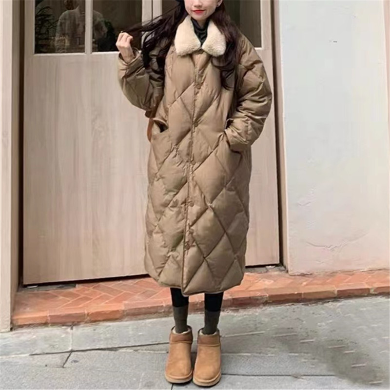 European Style Casual Lamb Wool Collar Quilted Cotton Jacket for Women, New Autumn and Winter Bf Korean Version Mid-Length Over-The-Knee Thickened Cotton Coat