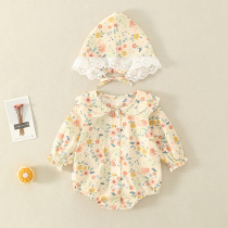  Baby girl bag fart clothes spring and autumn floral pure cotton long-sleeved triangle romper princess one-piece clothes spring female baby
