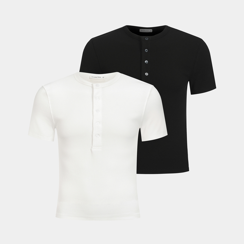 【Men's Black Stockings】Flattering Modal Ribbed Slim Fit Henley Neck T-Shirt Short Sleeve Hot Nerd Dongjie