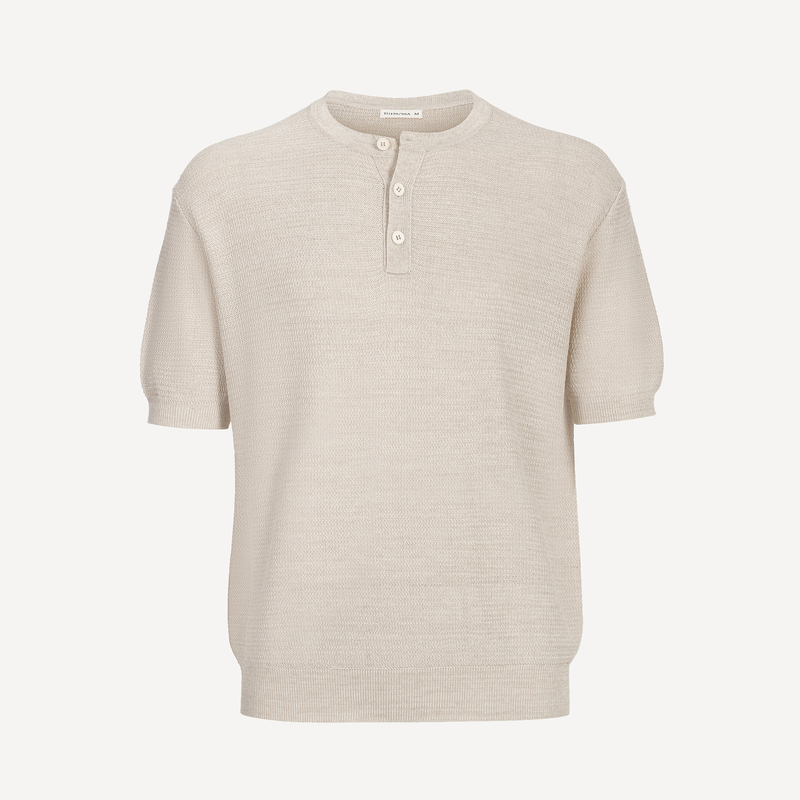 Dongjie Natural Linen Lyocell Henry Collar Knitted Short-Sleeve T-Shirt for Men, Breathable, Island Vacation, Old Money Style