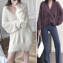 (LAMBO exclusive)No hair loss imitation mink velvet lazy V-neck 2 wear long sweater