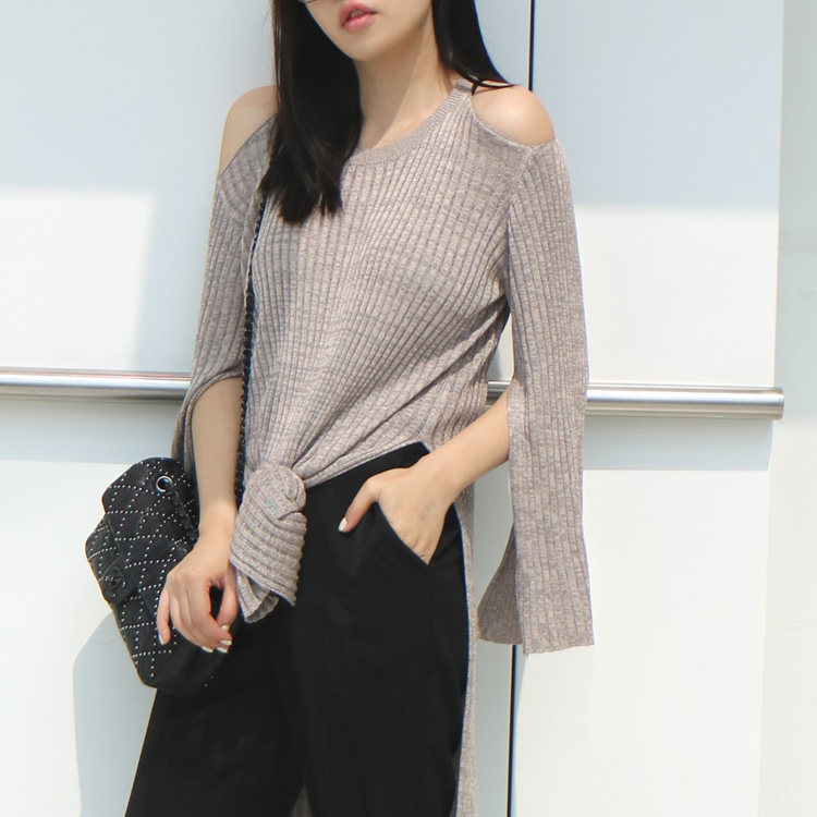 (LAMBO EXCLUSIVE) Mélange Mercerized Tencel Cotton Yarn High Slit Off Shoulder Knit Sweater