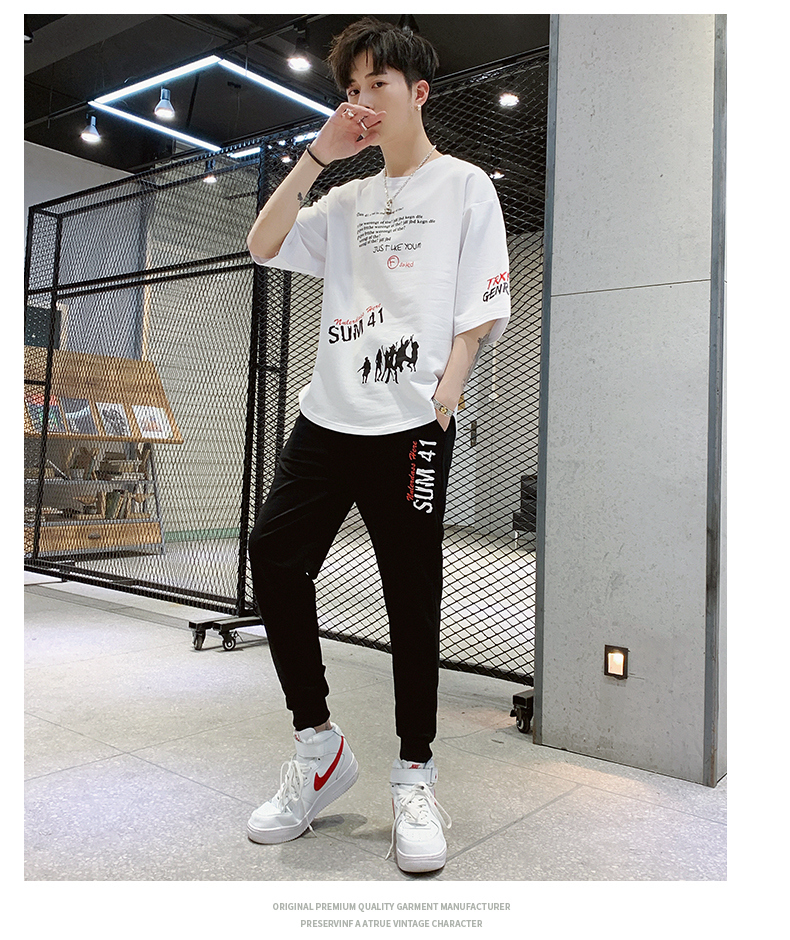 Thời trang tuổi teen thời trang đường phố phù hợp với thời trang mùa hè Áo thun nam năm điểm tay áo chín quần thể thao nam quần áo rộng t - Bộ đồ đồ pijama