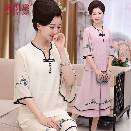 2018新款妈妈套装中老年女装夏装时尚民族风