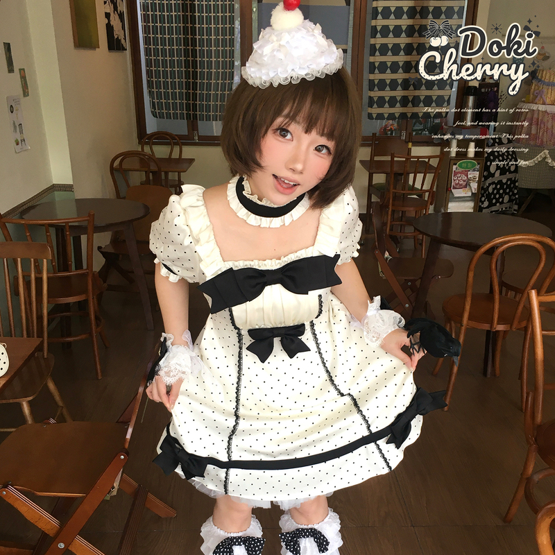 [in Stock] Dokicherry Original Vanilla Polka Dot Op Short Sleeve Polka Dot Dress Japanese Style Gray