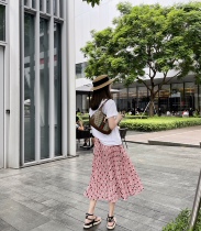 Rubbit2021 summer new aged sweet pink print skirt pleated high waist slim Medium-length dress