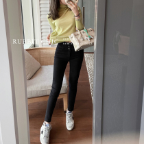 Rabbit vip store winter new three button design small foot pants high waist and thin long leg jeans