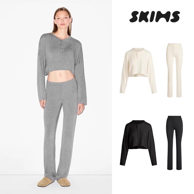 [Official Authentic Product] Skims Kardashian Style Henry Collar Loose Long Sleeve T-Shirt and Pants Set for Women