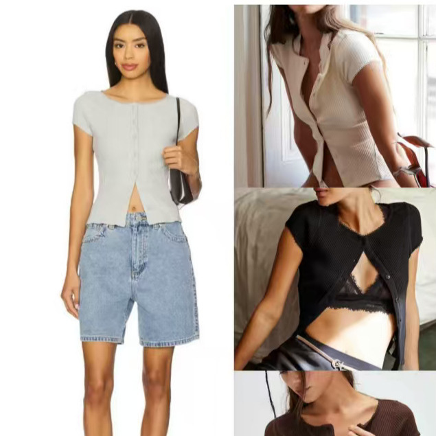 [Official Authentic Product] Free People American-Style Ribbed Stretch Slim-Fit Short Button-Down Short-Sleeve T-Shirt