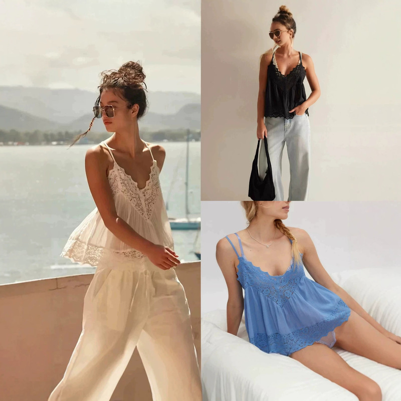 [Official Authentic Product] Free People Hollow-Out V-Neck Lace Trim Adjustable Camisole Sleeveless Top