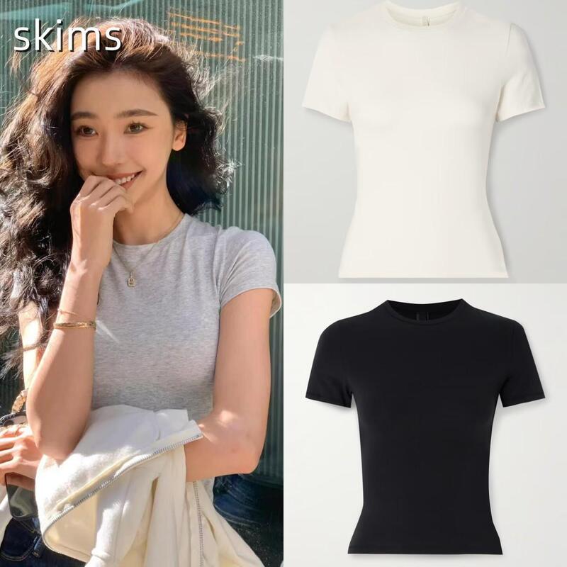 [Official Website Authentic] Kims Kardashian Yi Mengling's Same Short-Sleeved T-Shirt Elastic Tight Right Shoulder Bottoming Shirt