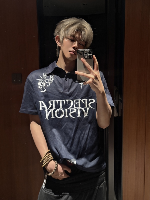 「Ueshima」Letter Print Vintage Polo Shirt Short-Sleeved T-Shirt for Men and Women Gothic Style Half-Button Regular Shoulder Top