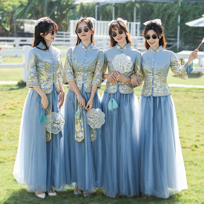 Chinese-Style Bridesmaid Dress for Women 2026 New Sister Group Outfit Dress Niche High-End National Style Blue Cheongsam Bridesmaid Dress Chinese-Style Bridesmaid Dress for Women 2026 New Sister Group Outfit Dress Niche High-End National Style Blue Cheongsam Bridesmaid Dress
