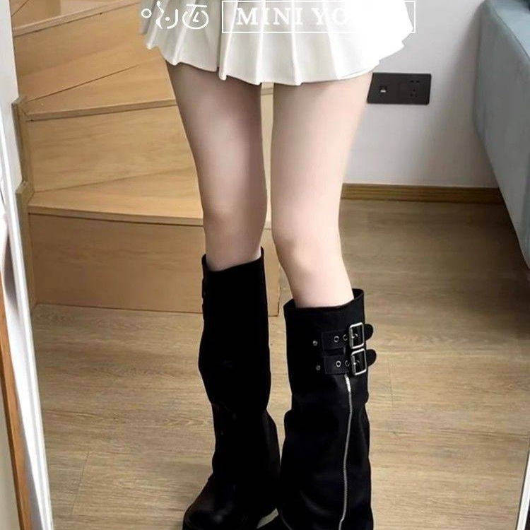 Женские ботинки с завышенной талией Big tube fat MM на толстой подошве; коллекция 2025 года; сезон осень-зима; новые эластичные брюки в складку; маленькие сапоги с высокой талией