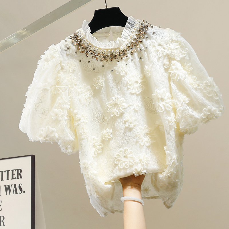 New Fashionable Heavy Beaded Three-Dimensional Floral Lace Blouse for Women with Puff Sleeves, Slim Fit, Stylish and Elegant Top