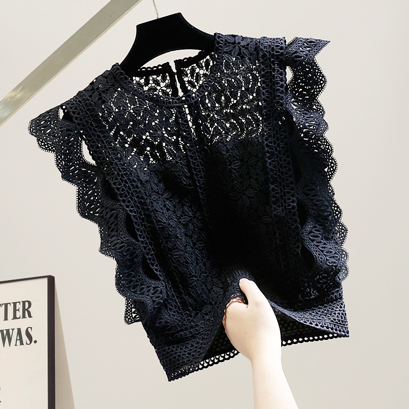Fashionable Crochet Hollow-Out Wave-Pattern Ruffle Patchwork Flutter-Sleeve Water-Soluble Lace Top, Stylish and Slimming Blouse, Trendy