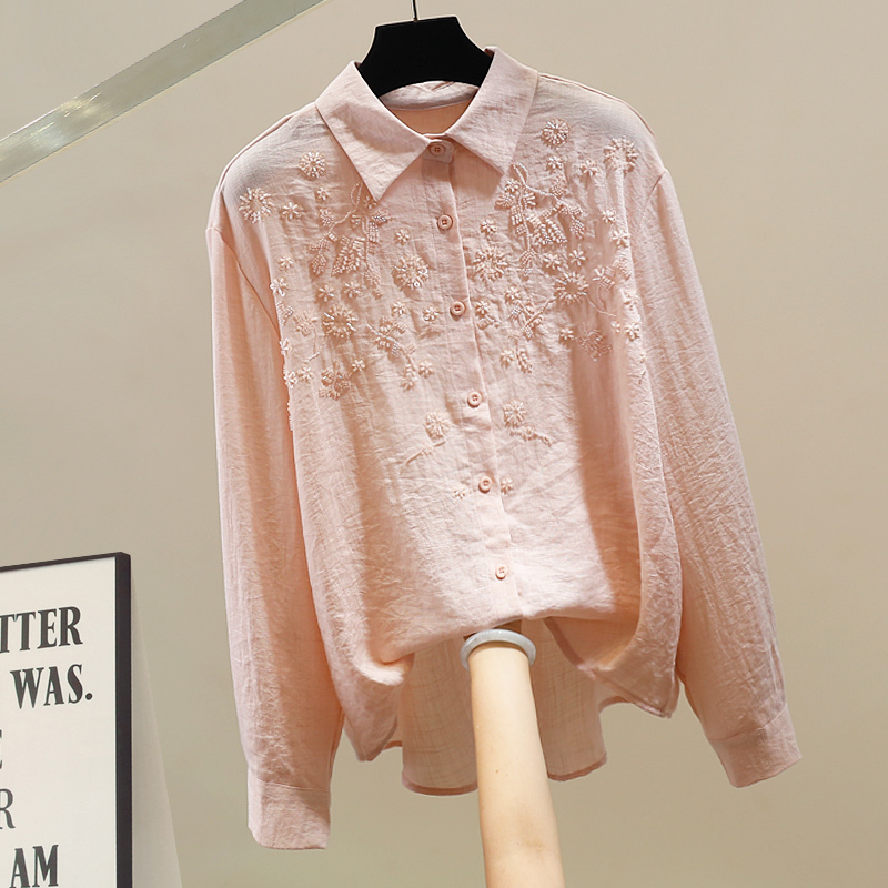 Cotton and Linen Heavy-Duty Beaded Embroidery Long-Sleeve Shirt for Women, Spring Season Slim-Fit Turn-Down Collar Single-Breasted Design, Stylish and Elegant Top