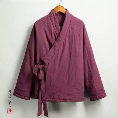 Chinese style men's cotton and linen Hanfu cotton coat jacket Zen lay monk clothes Chinese men's top Taoist clothing Tang suit quilted jacket