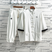 Tang suit short-sleeved mens Chinese style linen embroidery Hanfu trend three-point sleeve cotton and linen t-shirt suit loose two-piece suit