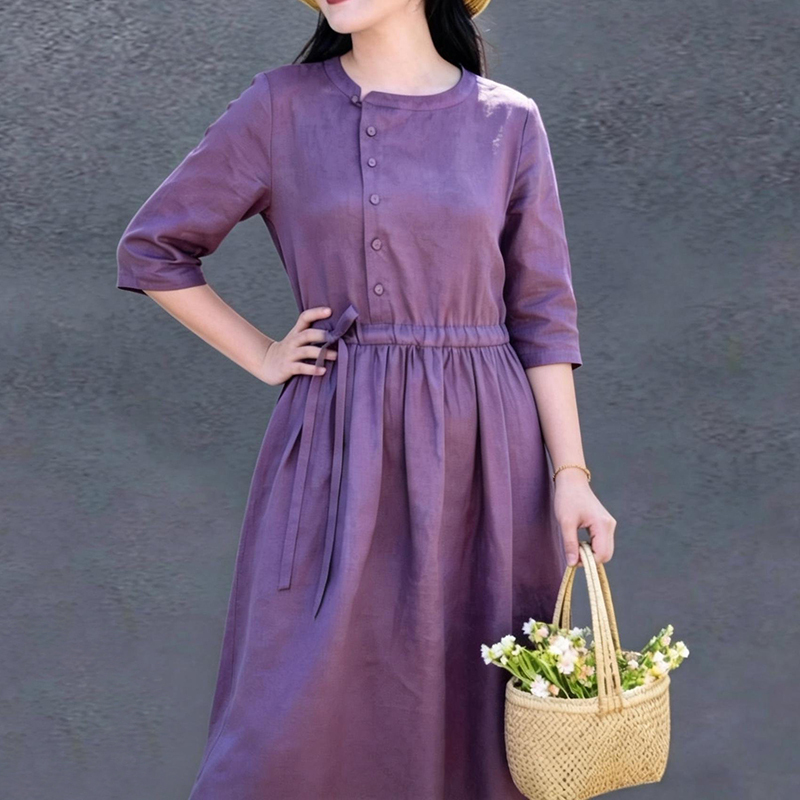 Cotton and Linen Ethnic Style Solid Color Dress, Artistic Retro Slimming Travel Tie-Up Dress for Petite Fresh Purple Long Dress Trendy Cotton and Linen Ethnic Style Solid Color Dress, Artistic Retro Slimming Travel Tie-Up Dress for Petite Fresh Purple Long Dress Trendy