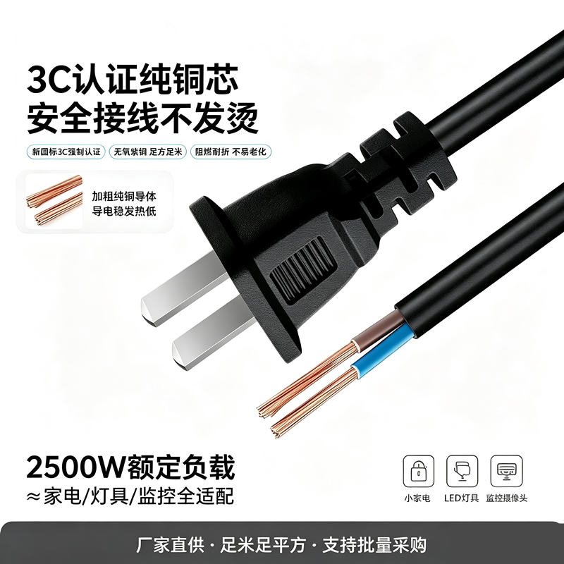 Pure Copper 10A National Standard Power Cord Two-Pin Plug Wire 2*0.75 Square Fan Appliance Light Wire 2.5m Connecting Wire Pure Copper 10A National Standard Power Cord Two-Pin Plug Wire 2*0.75 Square Fan Appliance Light Wire 2.5m Connecting Wire