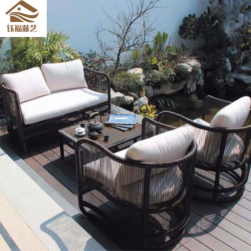 Outdoor Sofa Combination Outdoor Homestay Sales Department New Chinese Style Balcony Casual Creative Rattan Sofa Coffee Table Rattan Chair