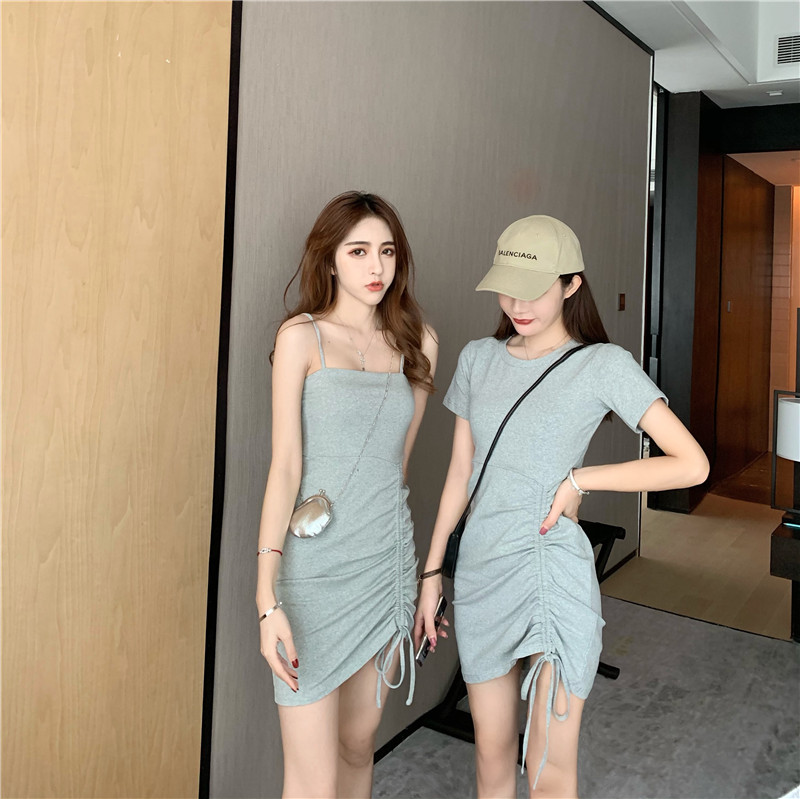 VK旗艦店 韓國風性感吊帶圓領抽繩褶皺修身短袖洋裝
