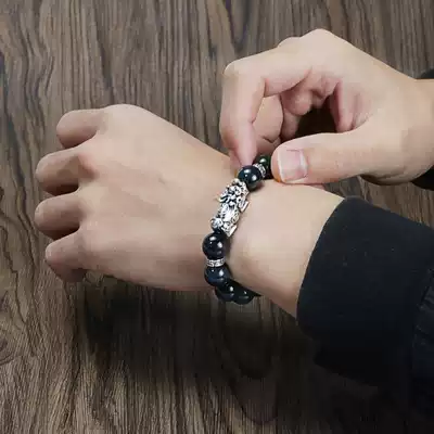 Natural obsidian brave hand antimony boys sterling silver pi qiu bracelets lucky to ward off evil spirits and zhuan yun zhu beads Tanabata gift