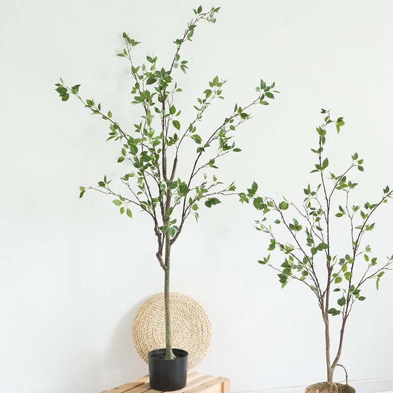 Nordic Wind Emulation Potted Potted Potted Tree Mountain Tea Tree Large Fake Tree Green Planting Potted Plant Living Room Xuan Guan Window Decoration Bonsai