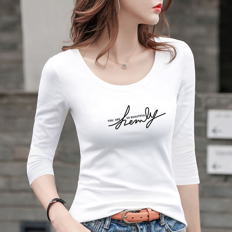 White Three-Quarter Sleeve Women's T-Shirt, Slim Fit Top with Lettering, 2026 Spring and Autumn Style, Mid-Sleeve Inner Layer, Cotton Base Shirt, Trendy White Three-Quarter Sleeve Women's T-Shirt, Slim Fit Top with Lettering, 2026 Spring and Autumn Style, Mid-Sleeve Inner Layer, Cotton Base Shirt, Trendy
