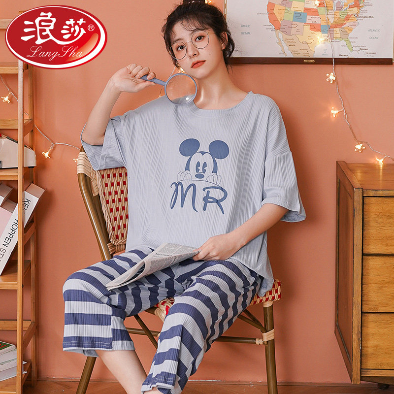 Langsha 2022 new pajamas women's summer cotton two-piece suit girls short-sleeved cropped trousers home service summer