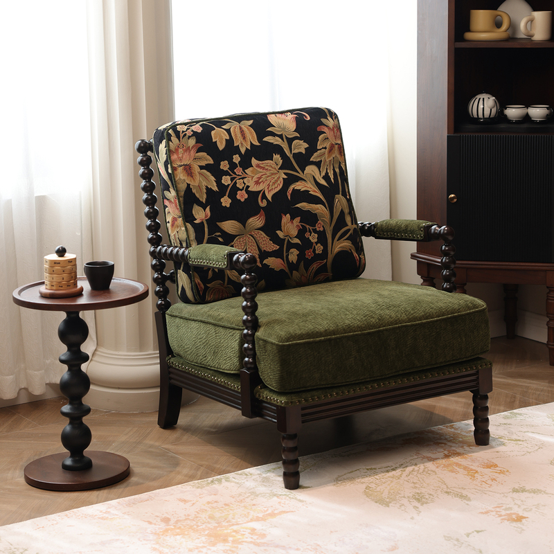French-Style Vintage Single Sofa Chair, Antique Pearl Chair, Lazy Living Room Balcony Leisure Solid Wood Backrest Tiger C