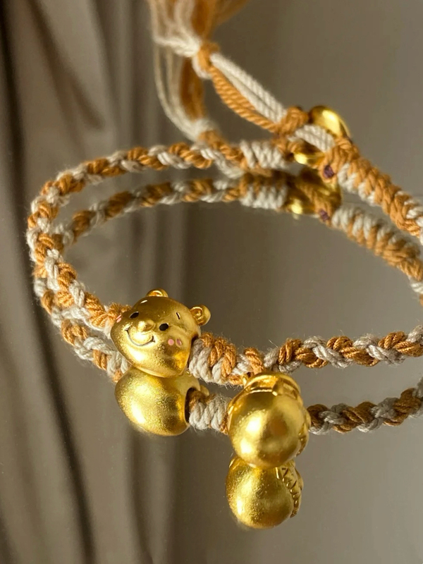 Cute Winnie the Pooh Honey Pot Pendant Bracelet with Gold Beads and Woven String, Unique Gift