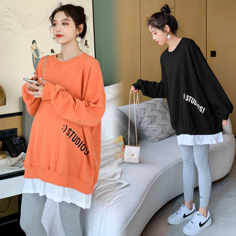 Plus Fat Increase Code 200 Catty Pregnant Women's Autumn Clothing Suit Spring Autumn Sweatshirt Loose Fake two T-shirt blouses ocean wave