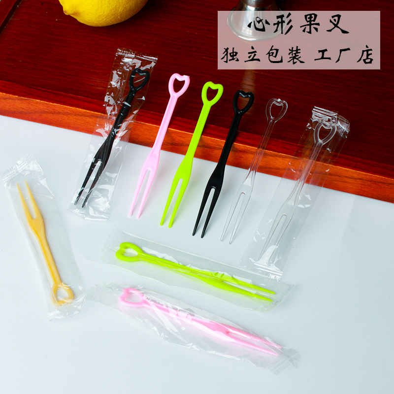 KTV Disposable Plastic Independent Packaging Fruit Fork Heart-shaped Bamboo Festival Fruit Fork Transparent Fruit Fork Bar Fruit Sign