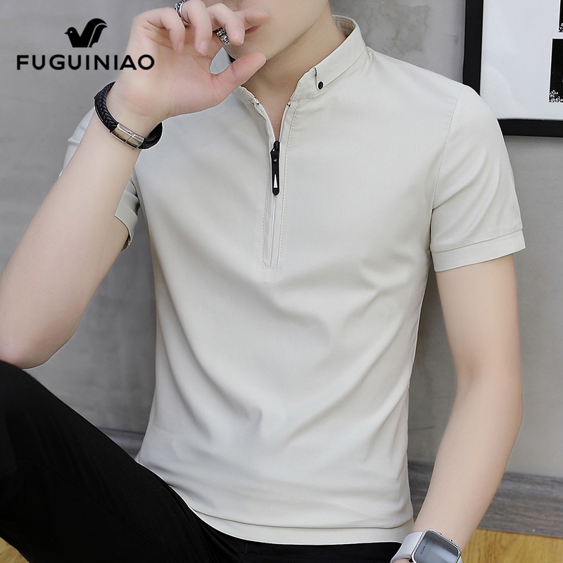Fuguiniao Cool-Touch Polo Shirt Men's Short-Sleeve 2026 Summer Solid Color Casual Half-Zip Stand Collar T-Shirt Men's Style