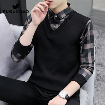 Fuguiniao fake two piece sweater men's sweater autumn Fuguiniao fake two piece sweater men's sweater autumn