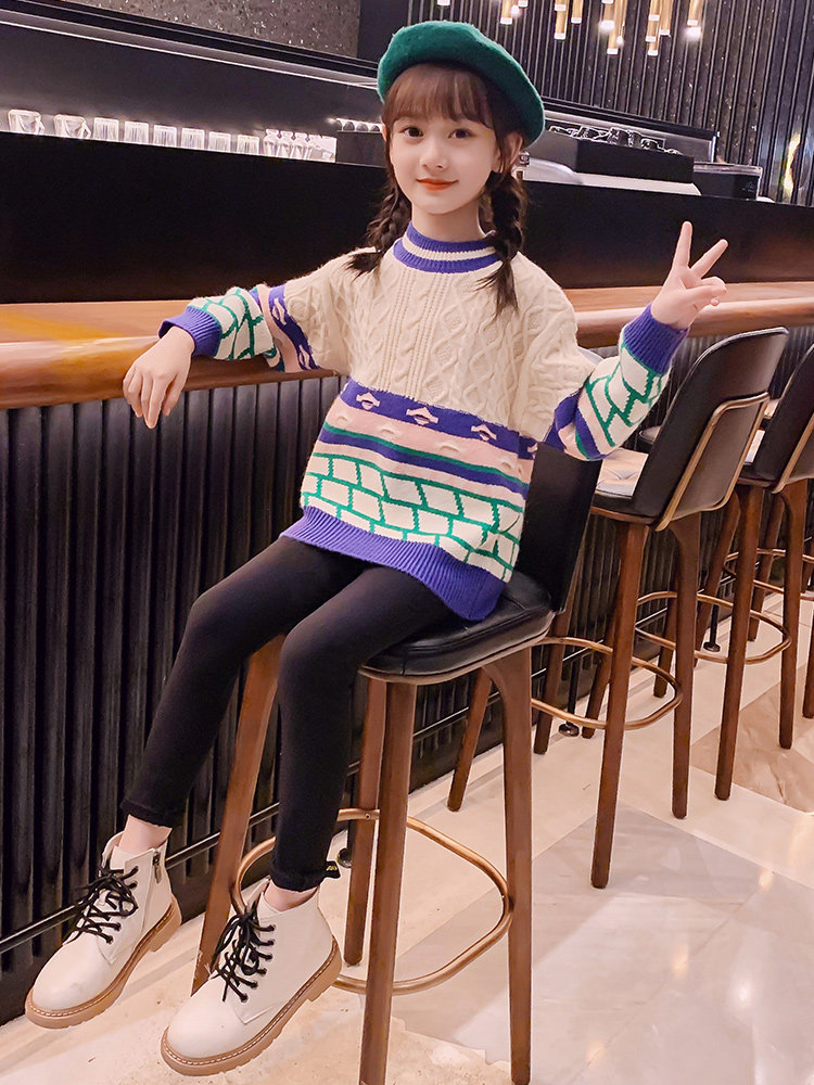 Girls sweater winter clothes 2021 new children's foreign style big children plus velvet thickened autumn and winter jacquard knitted bottoming shirt