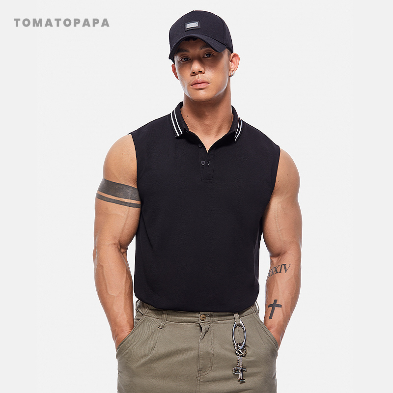 Tomatopapa New Polo Vest Sleeveless Lapel Shirt Simple Solid Color Training Vest Fitness Men's Top
