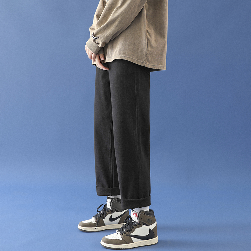 Blackspring new pattern man Jeans Port style easy Solid color leisure time Straight pants Chaopai Versatile student Cropped trousers