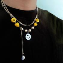 ins European and American style hip hop necklace Male tide yellow smiley face pearl stitching titanium steel necklace Female cool street shot female pendant