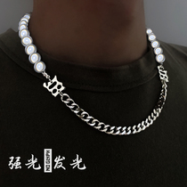 ins letter M necklace stitching pearl necklace Reflective mens and womens personality hip hop Goth wind chain Clavicle chain