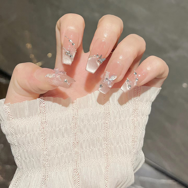 【Rabbit Finger】Ice Butterfly Wearable Nails, Purely Handmade, Clear and Transparent Cat Eye Long Style, Bridal High-End Nail Pieces