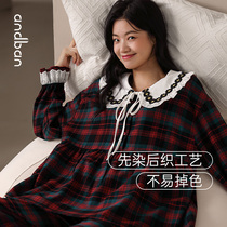 Anzhipajamas early autumn women cotton long sleeve retro doll collar set sweet cute plaid size home clothes