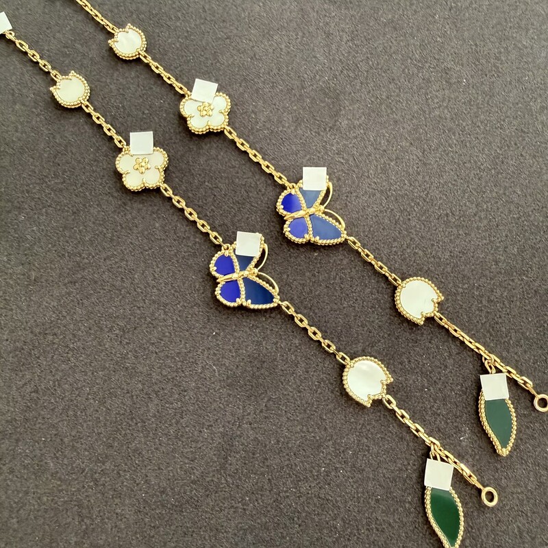18K Gold Butterfly Ladybug Bracelet Lucky Bracelet Five-Element Bracelet with Inlaid White Mother-Of-Pearl, Blue Agate, and Red Chalcedony