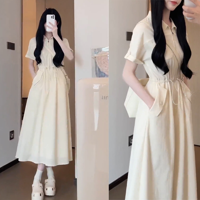 Plus-Size Women's Workwear-Style Dress with a Slimming Waist, Polo Collar, Long Skirt, Suitable for Slightly Chubby Women, Tie-Up, High-End Design, Short-Sleeved Shirt Dress